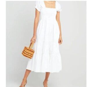 o.p.t Women's White Kourt Square Neck Smocked 100% Cotton Maxi Dress, Small, NWT